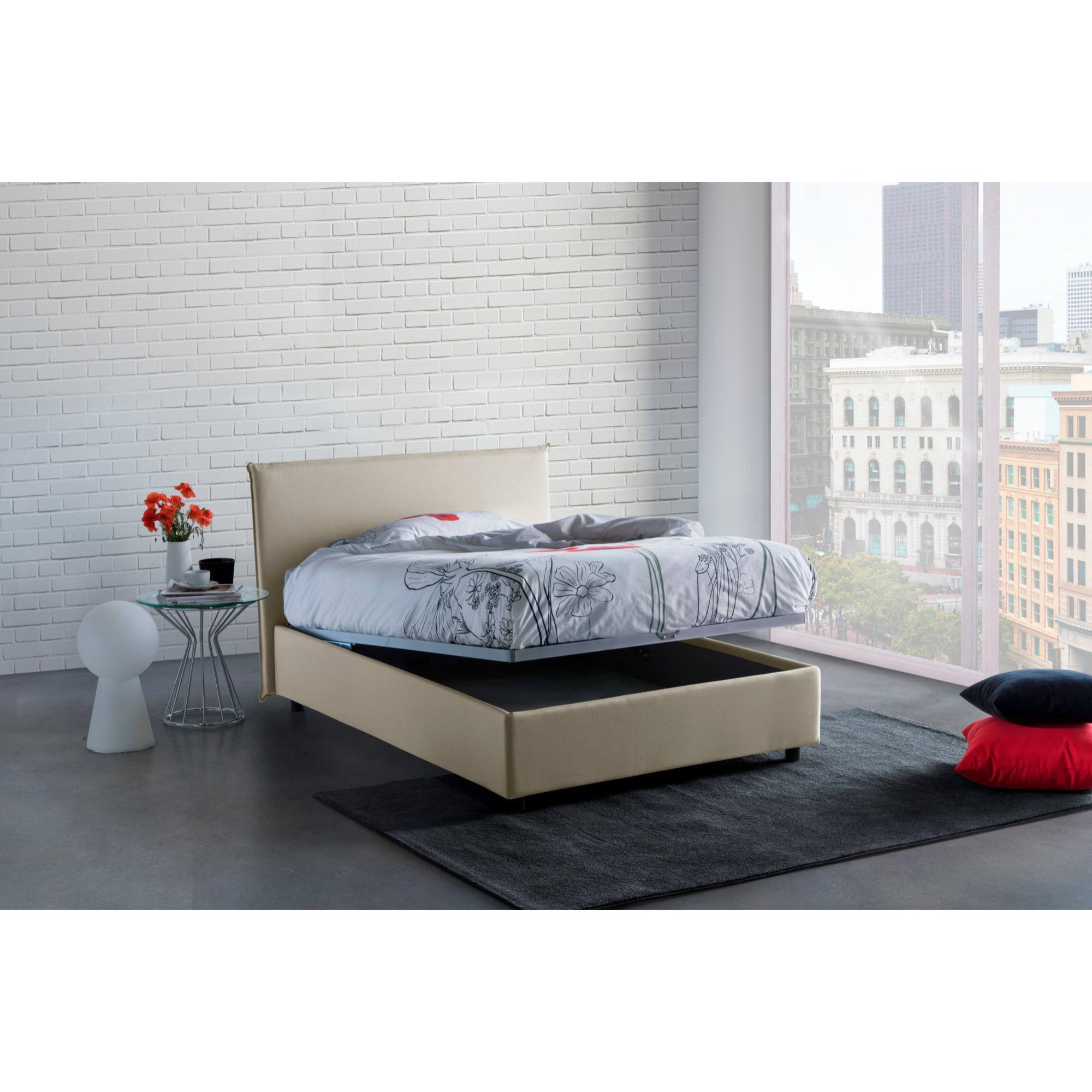 Letto piazza e mezza Chicca, Letto contenitore con rivestimento in tessuto, 100% Made in Italy, Apertura frontale, con materasso Cm 120x200 incluso, Beige