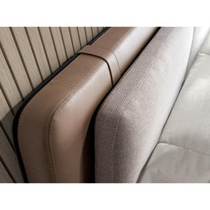 Cama de matrimonio con cabecero en polipiel visón y estructura de tela en gris con patas de acero inoxidable cromado oscuro 217x222x100cm