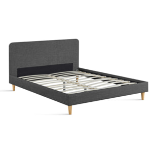 Lit Evy 160x200cm tissu gris pieds bois