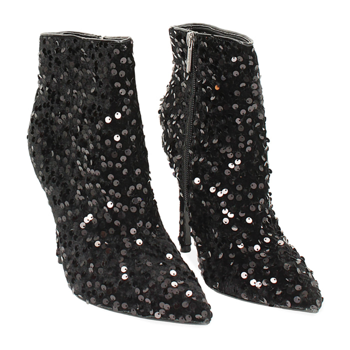 Ankle boots neri in paillettes, tacco 10,5 cm