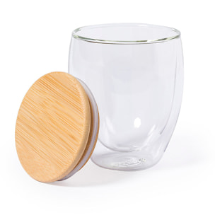 Vaso Térmico borosilicato dobre pared 250 ml.Con tapa bambú