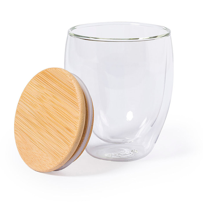 Vaso Térmico borosilicato dobre pared 250 ml.Con tapa bambú