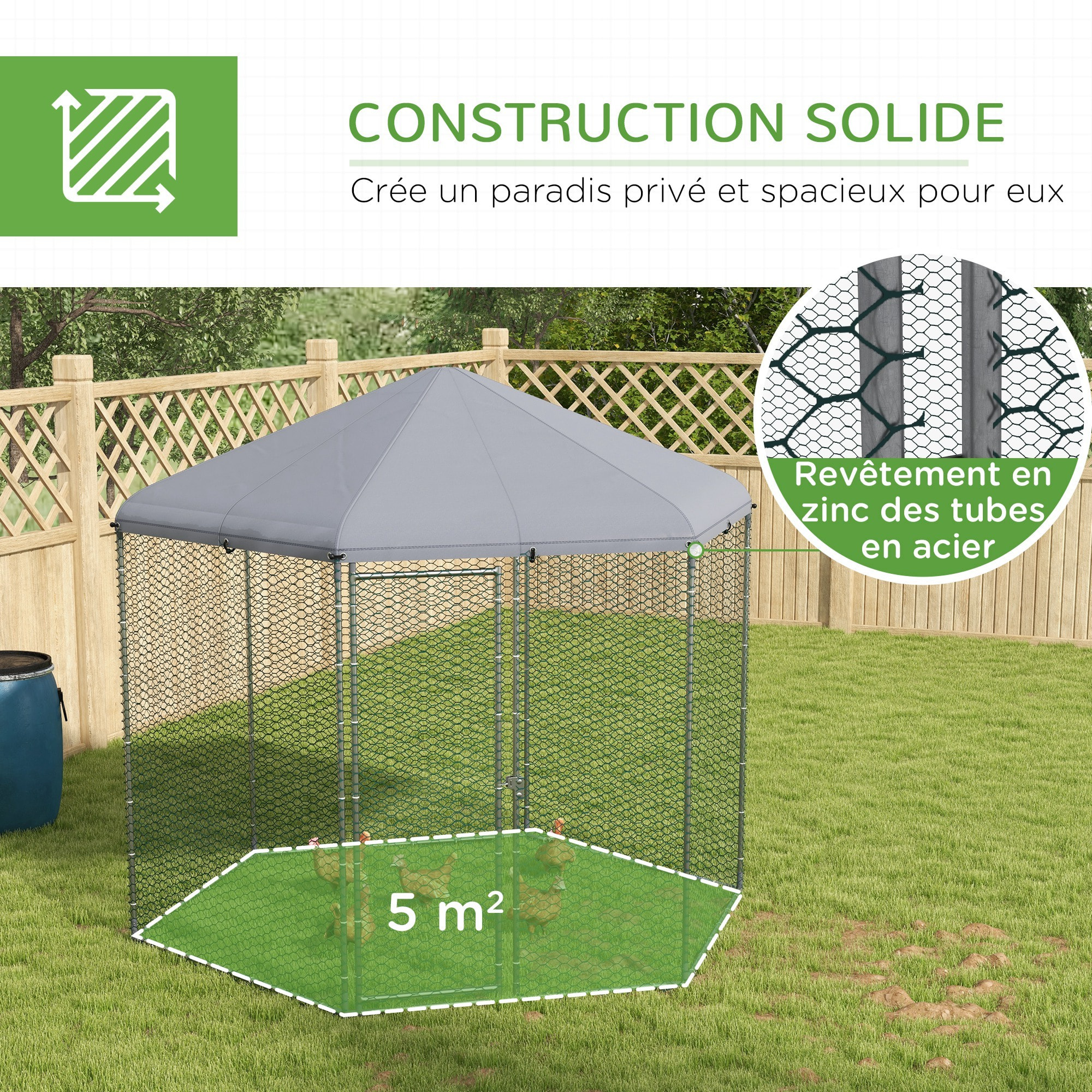 Enclos poulailler chenil 5 m² - parc grillagé dim. 2,8L x 2,45l x 2,46H m - entièrement couvert - acier oxford gris