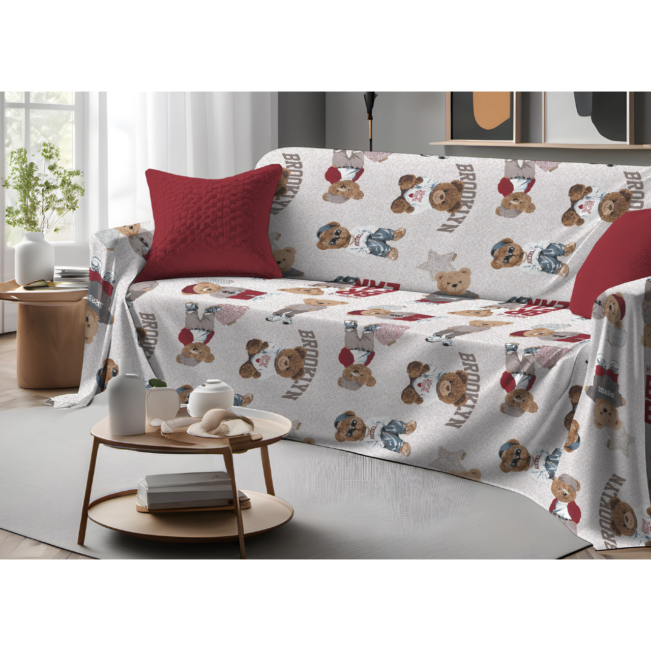 Telo Arredo Copritutto Grand Foulard Copridivano Copriletto 100% Cotone Disegno Teddy Beige