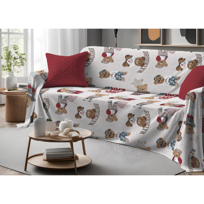 Telo Arredo Copritutto Grand Foulard Copridivano Copriletto 100% Cotone Disegno Teddy Beige