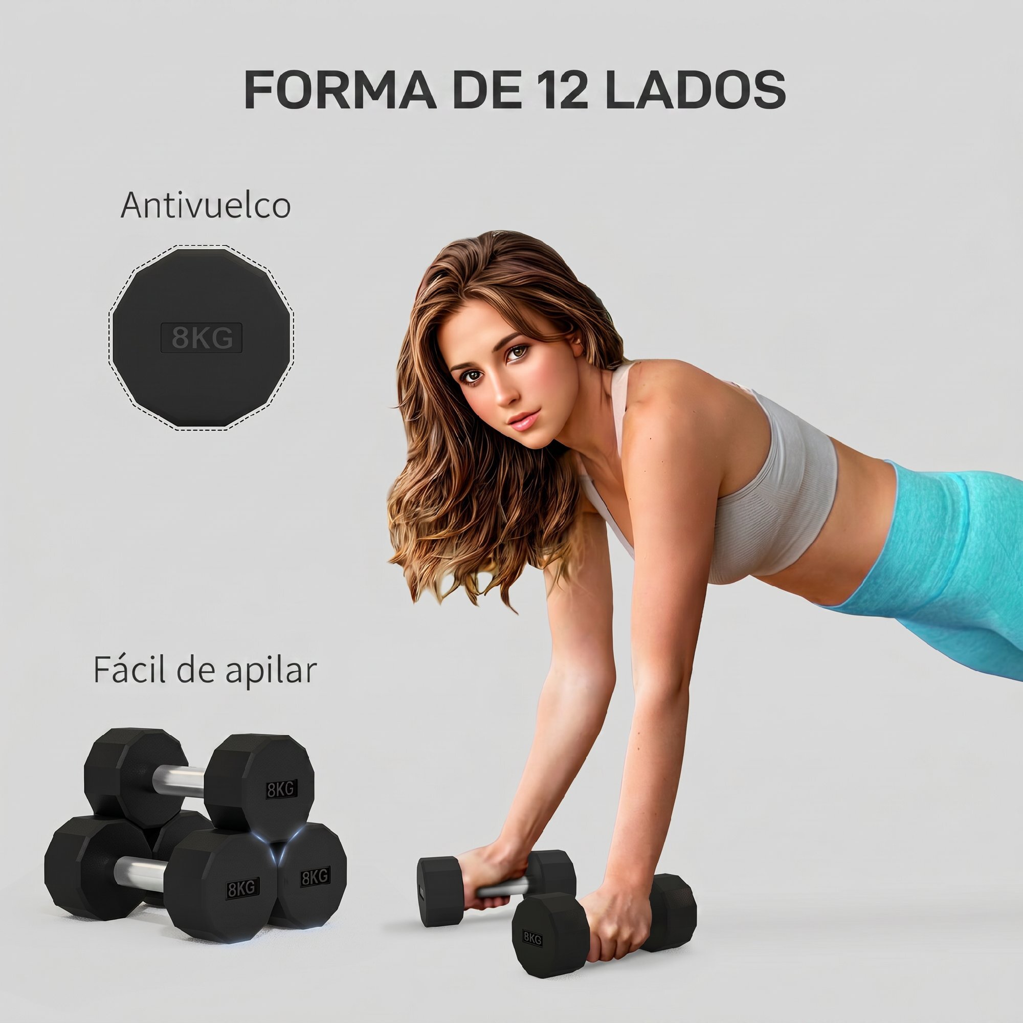 SPORTNOW Juego de Mancuernas Dodecagonales, 2 x 8 kg, de Metal, Recubiertas de Goma, Juego de Pesas con Agarres Antideslizantes para Entrenamiento en Casa, Gimnasio y Oficina, Negro