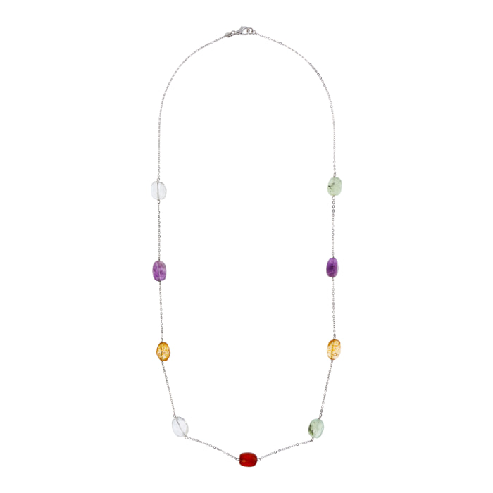 Collana Lunga Catena Rolo con Station in Petra Naturale Quarzo Multicolore in Argento 925 placcato Rodio