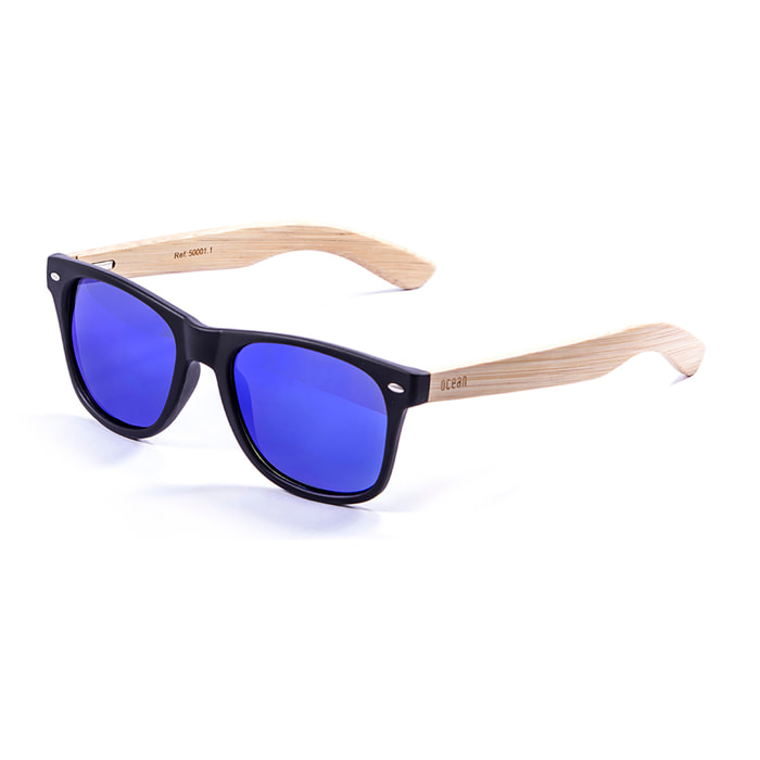 Gafas de sol OCEAN BEACH WOOD - Patillas en negro mate y bambú y / Revo azul
