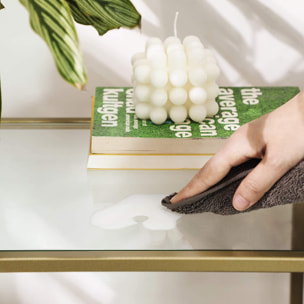 Console da salotto moderna dorata con piano in vetro