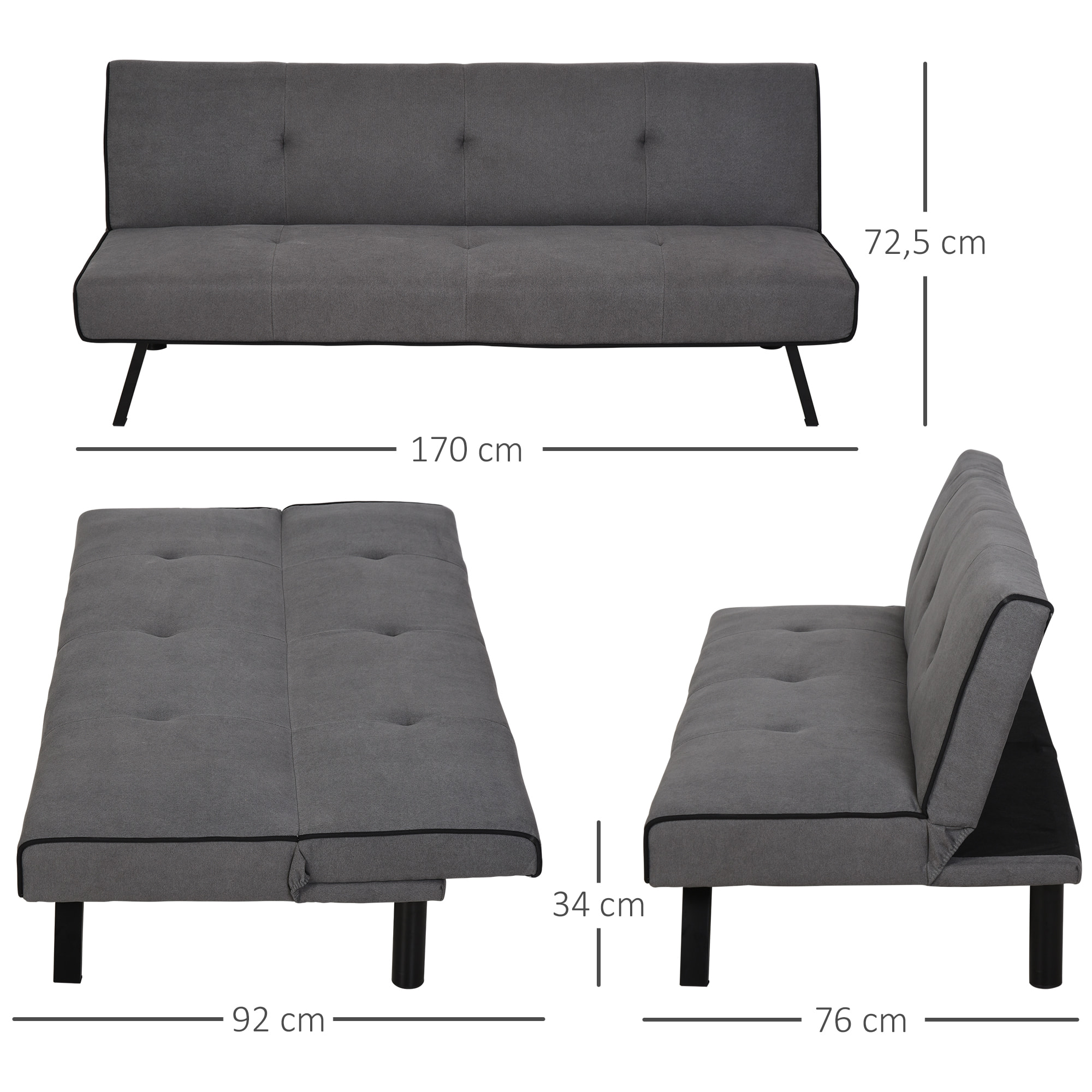 Sofá Cama de 3 Plazas con Patas Elevadas 170x76x72,5 cm Gris