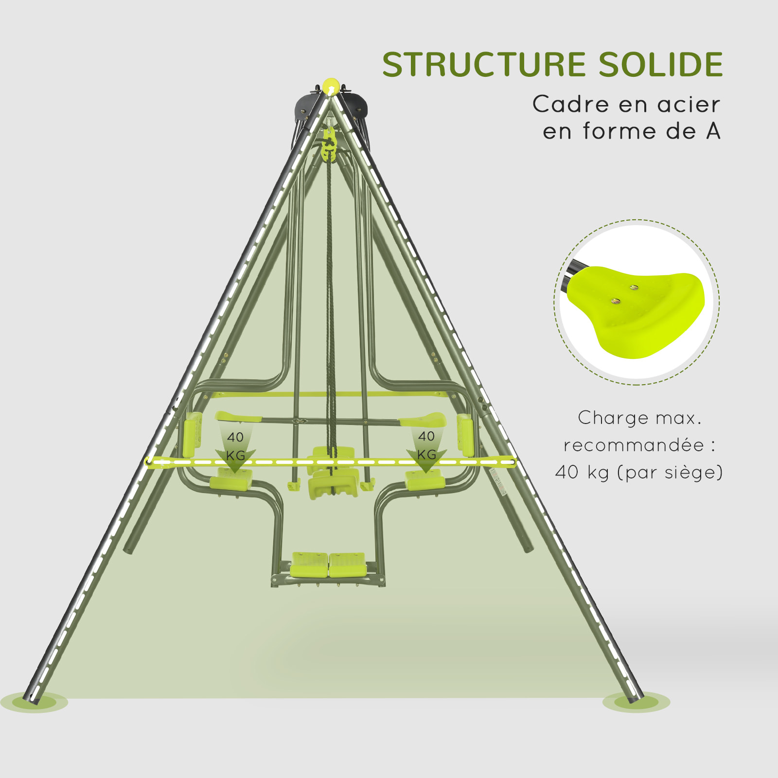 Balançoire 4 agrès portique avec 2 balançoires et 2 face à face dim. 3,55L x 1,84l x 1,86H m acier époxy gris PE vert