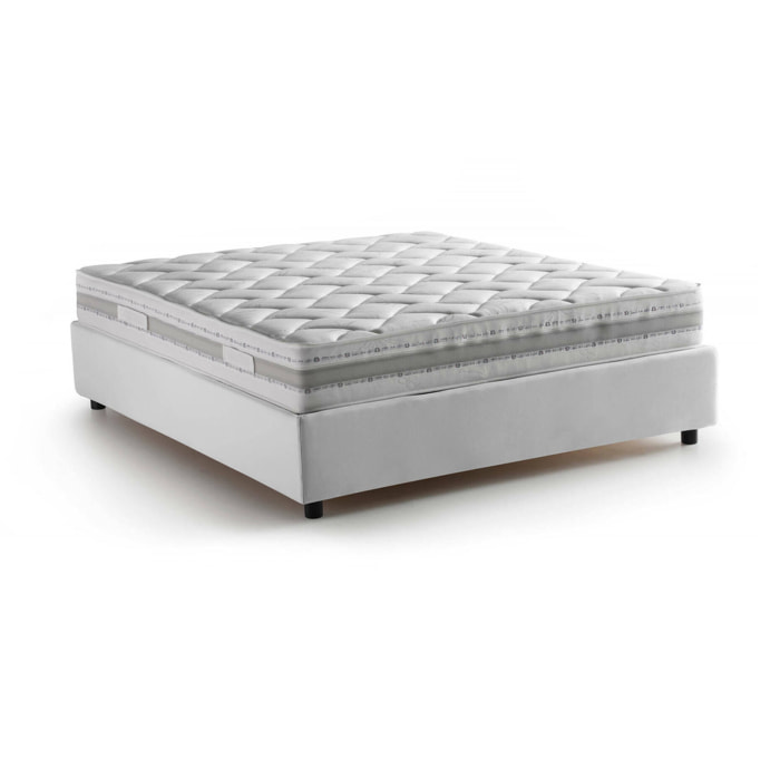 Letto alla francese Alaksir, Letto contenitore in tessuto, Apertura frontale, con materasso Cm 140x200 incluso, 100% Made in Italy, Bianco