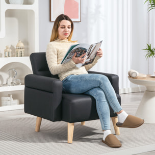 Sillón de Salón Tapizado en Cuero Sintético Butaca de Salón de 77 cm con Reposabrazos Acolchado Grueso Respaldo Acanalado y Patas de Madera para Dormitorio Sala de Estar Negro