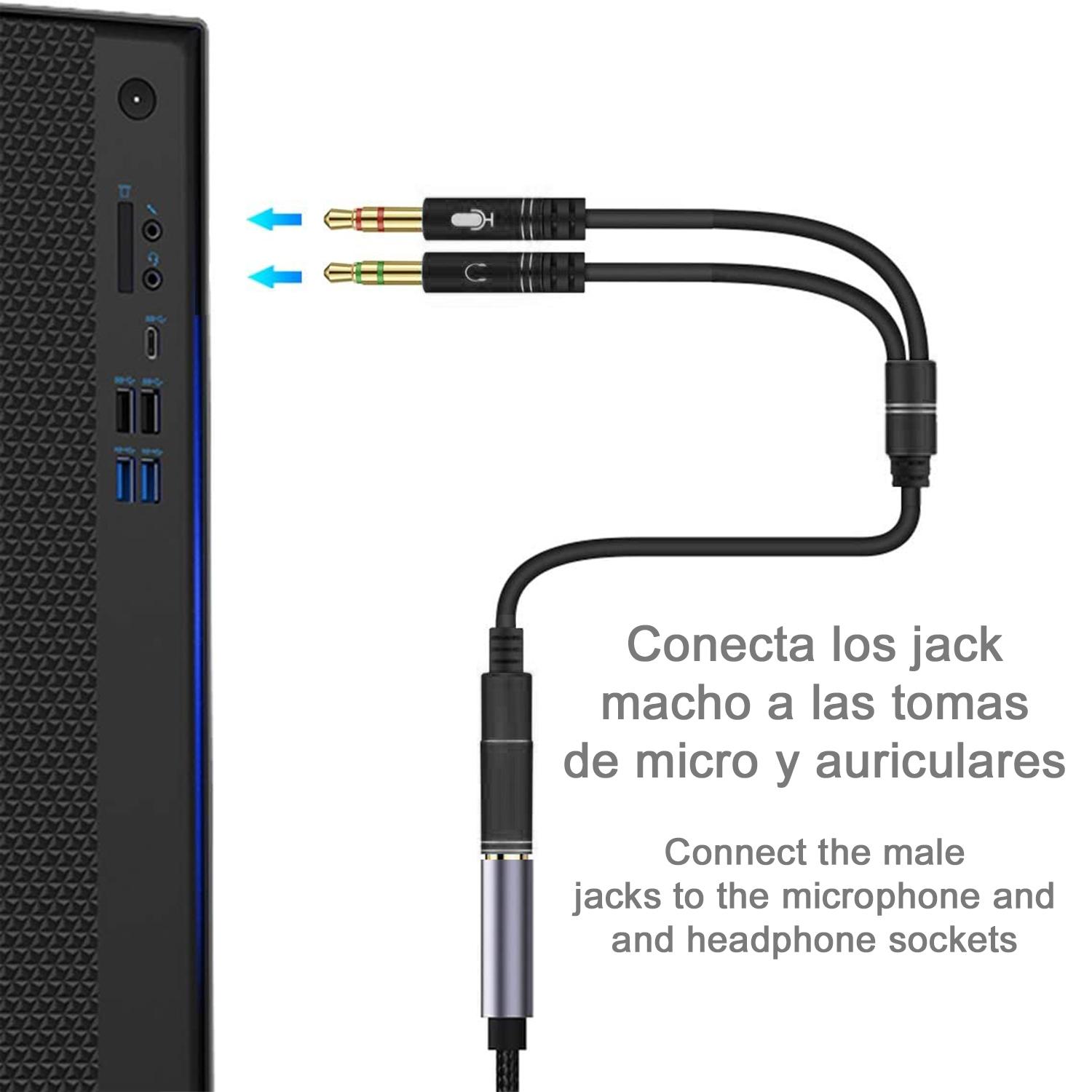 Convertitore splitter da minijack (femmina) a doppio minijack maschio (microfono e altoparlante). Usa le cuffie con microfono integrato e un semplice minijack sul tuo PC.