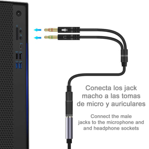 Convertitore splitter da minijack (femmina) a doppio minijack maschio (microfono e altoparlante). Usa le cuffie con microfono integrato e un semplice minijack sul tuo PC.