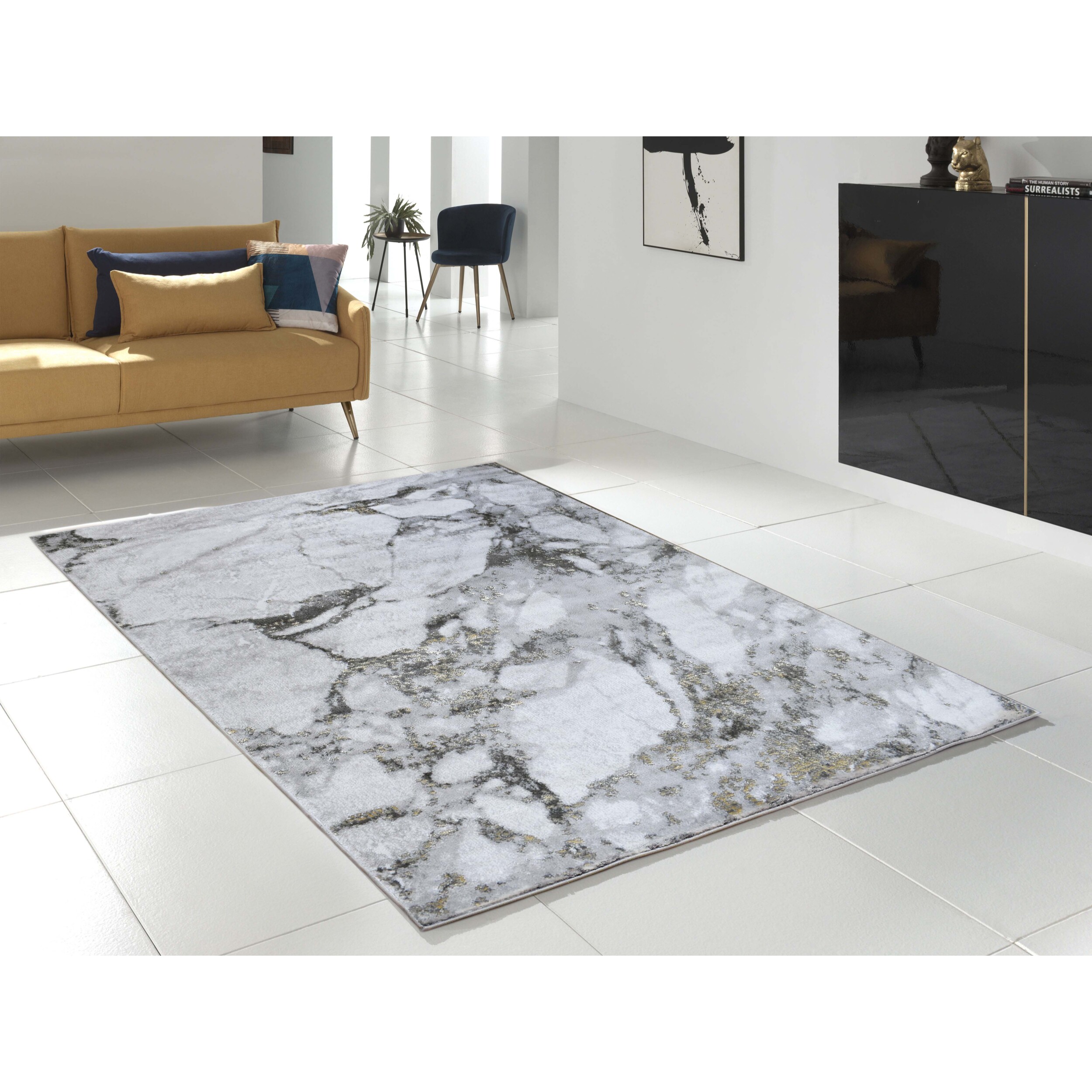 Marble - tapis de salon en laine artificielle effet marbre et touche de doré