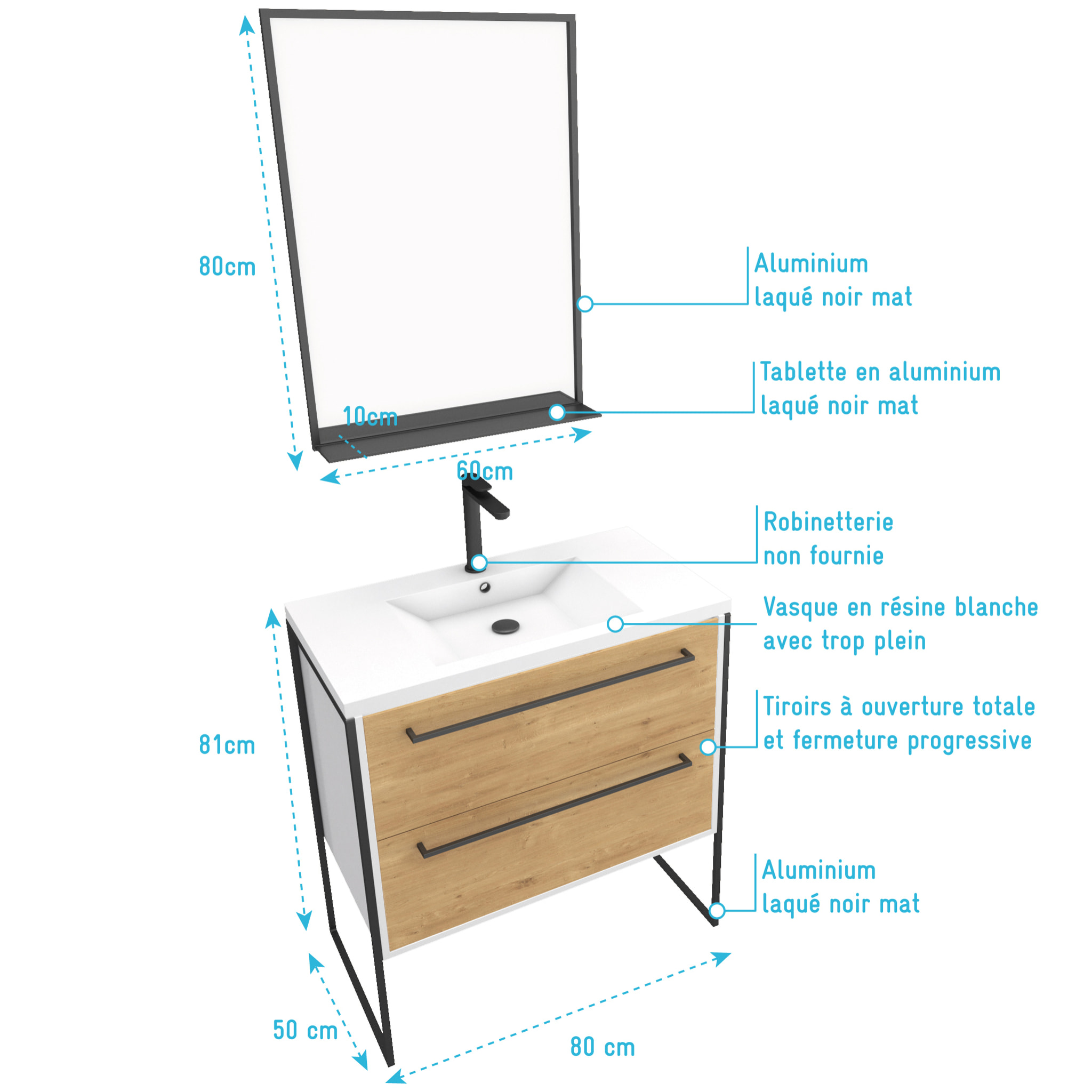 Pack meuble de salle de bain 80x50cm Blanc - 2 tiroirs blanc - vasque blanche + miroir noir mat