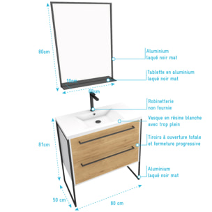 Pack meuble de salle de bain 80x50cm Blanc - 2 tiroirs blanc - vasque blanche + miroir noir mat