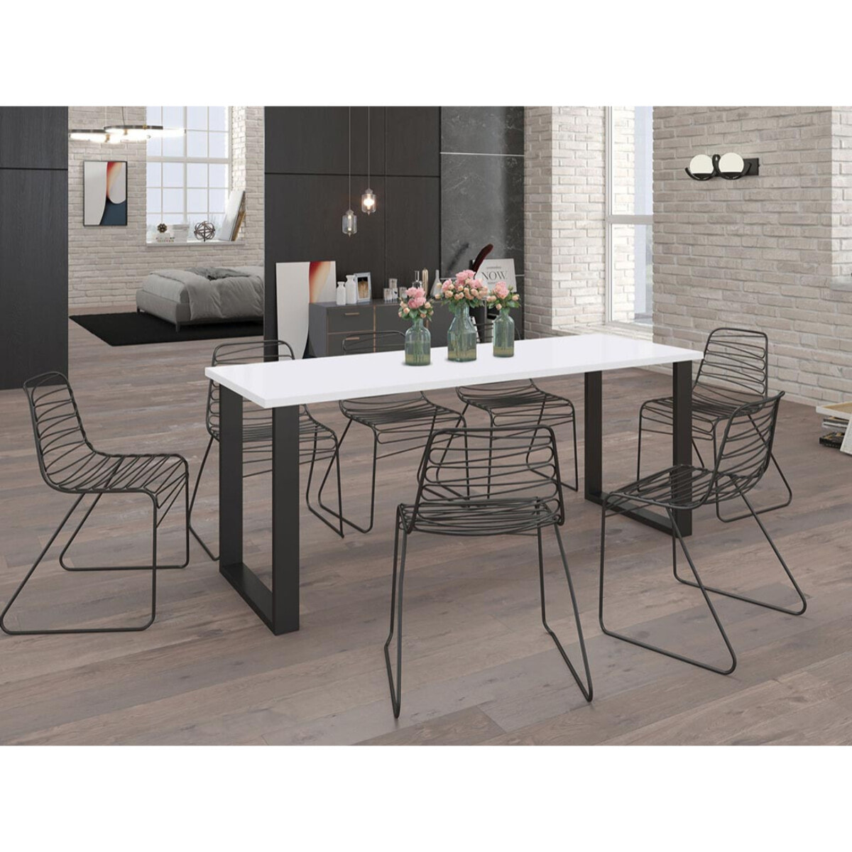 Caronal - table à manger - blanche et pieds noirs - 4 à 8 personnes - Blanc / Noir