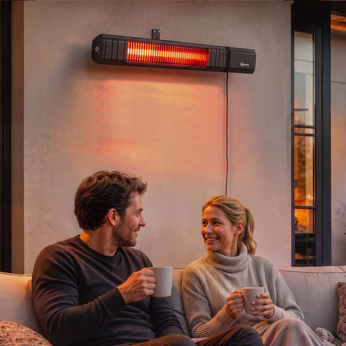 Calefactor por Infrarrojos para Terraza 2000 W, Estufa Exterior Eléctrica Pared de Aluminio con IP65, Control por App/Táctil/Mando a Distancia, 9 Niveles de Calor, Temporizador 24 h y Funda