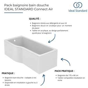 Baignoire bain douche 170 x 80 cm droite Connect Air + tablier