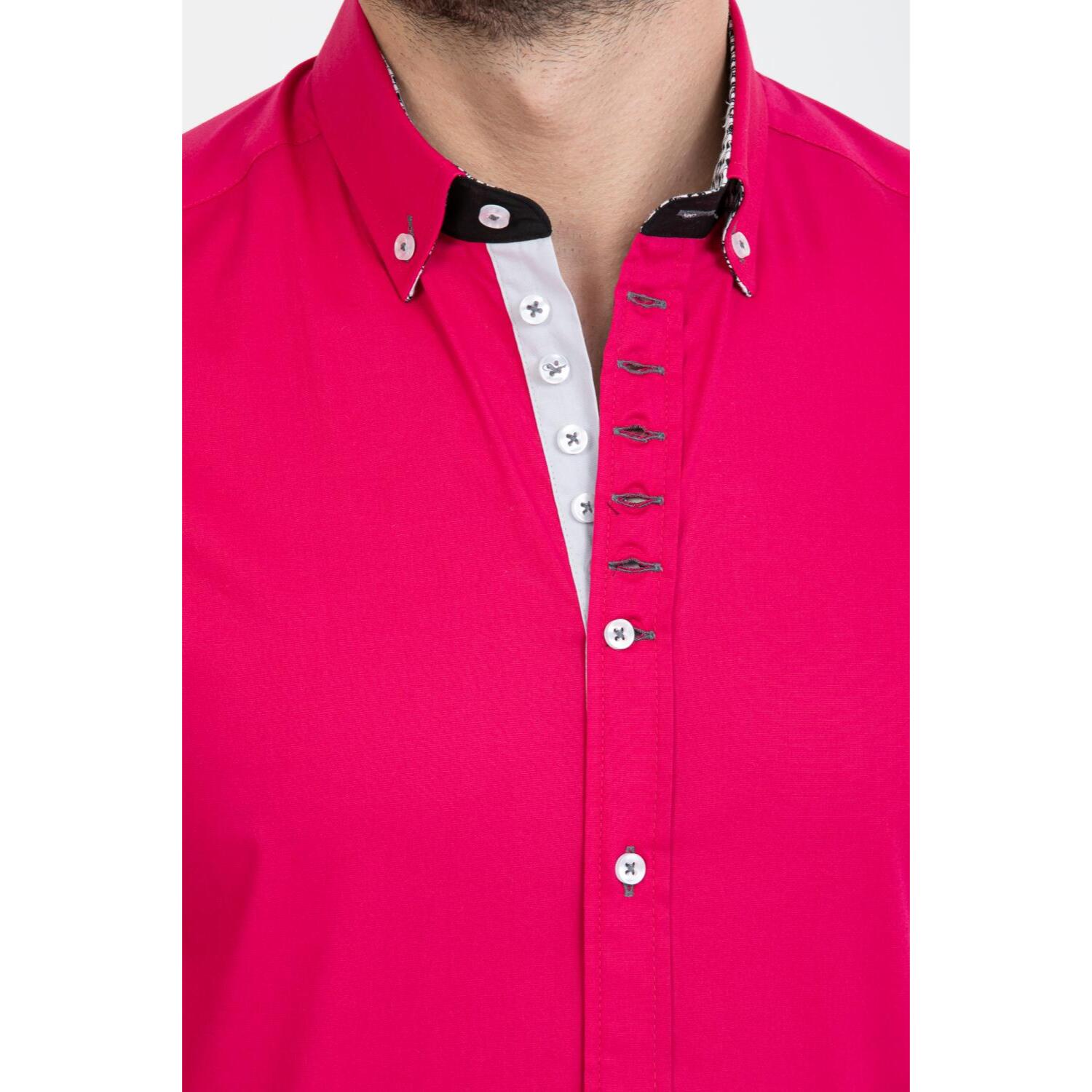 Camicia Uomo 1 Bottoni Button Down Slim Popeline Stretch Unito Fucsia