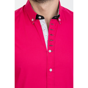 Camicia Uomo 1 Bottoni Button Down Slim Popeline Stretch Unito Fucsia