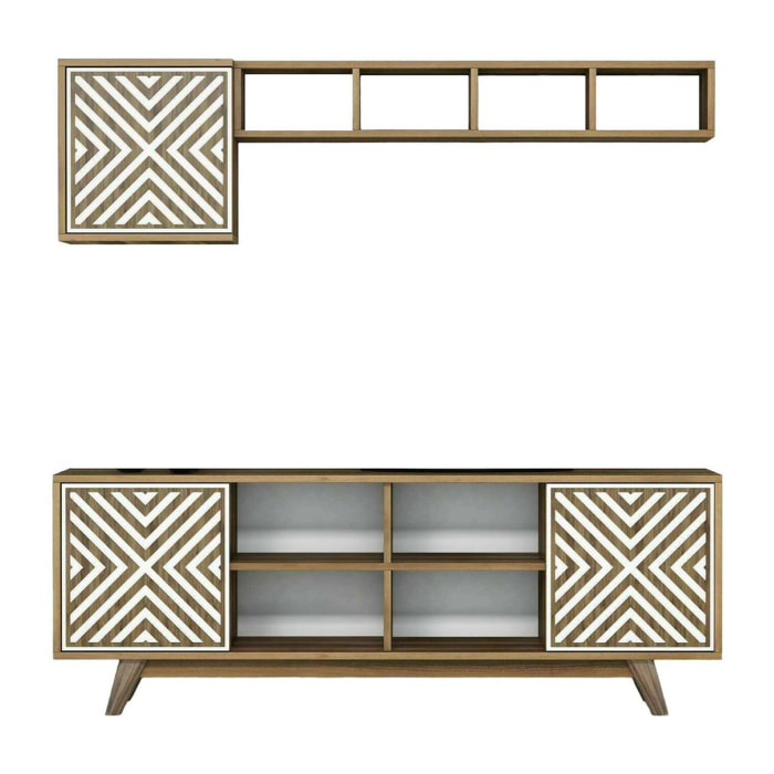 Mobile porta TV Drusilla, Credenza da soggiorno, Armadio basso per TV, Base parete attrezzata, 160x35h56 cm, Noce e Bianco