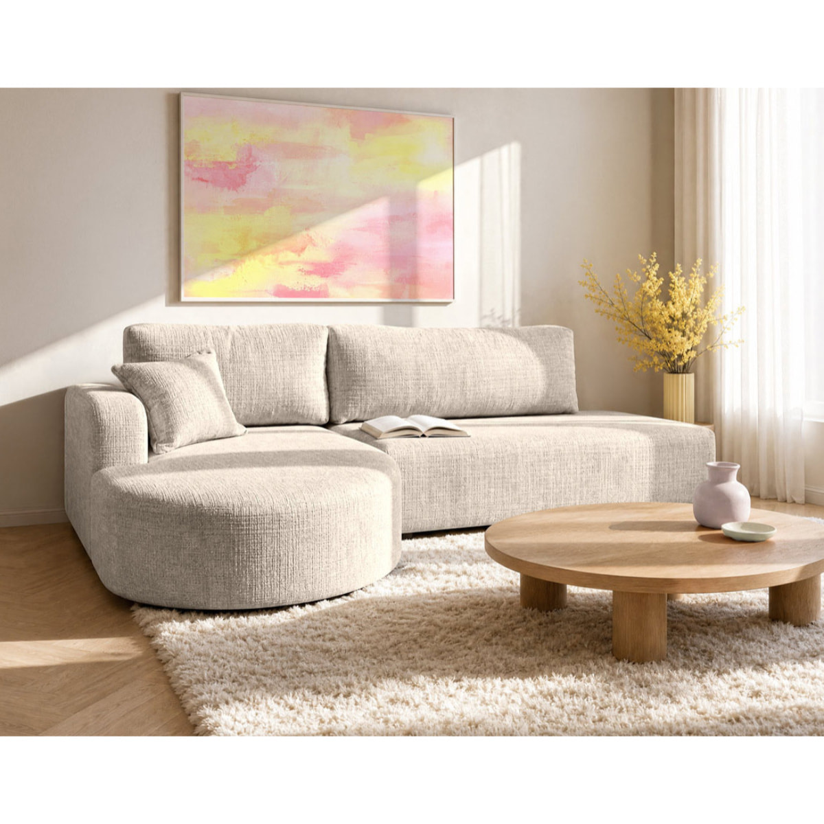 Miro - Canapé d'angle gauche 4 places convertible avec coffre en velours texturé - Beige