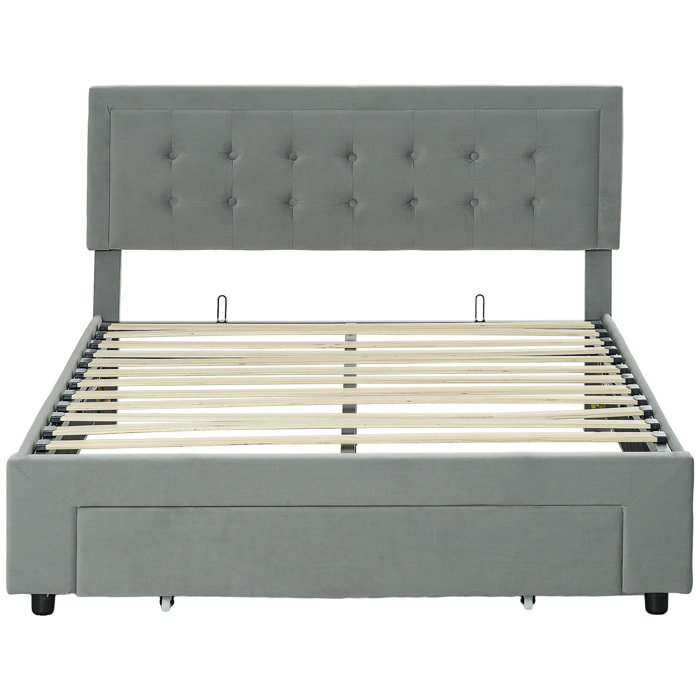 Lit double design industriel - tête de lit, pied de lit et sommier - dim. 145l x 203,5P x 95-104H cm - compatible matelas 140 x 200 cm - tissu 100% polyester, rembourrage mousse, bois d'eucalyptus, panneau multicouche