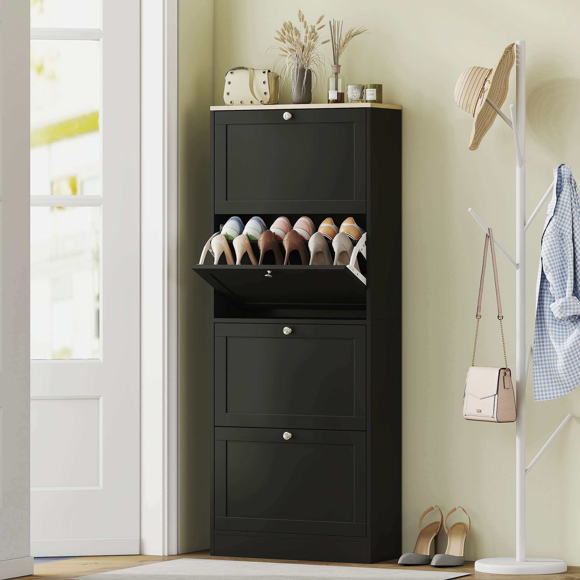 Meuble à chaussures 4 portes battantes style classique chic aspect bois clair noir