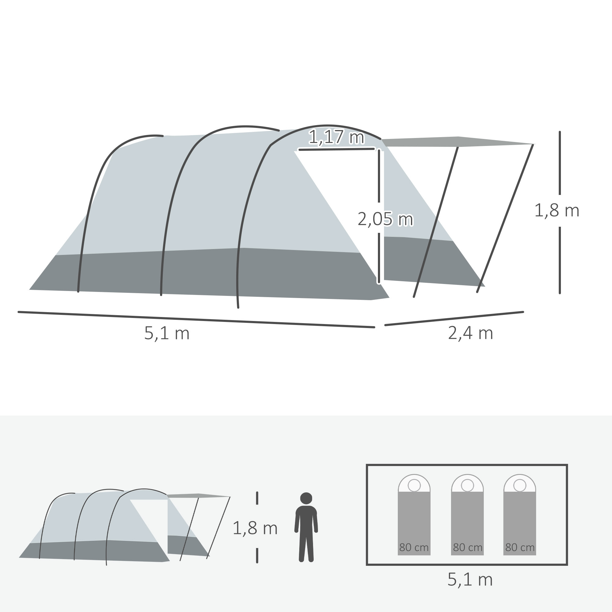 Tente de camping familiale 6-8 personnes - portes, fenêtres, sac de transport - dim. 5,1 x 2,4 x 1,8 cm - gris clair