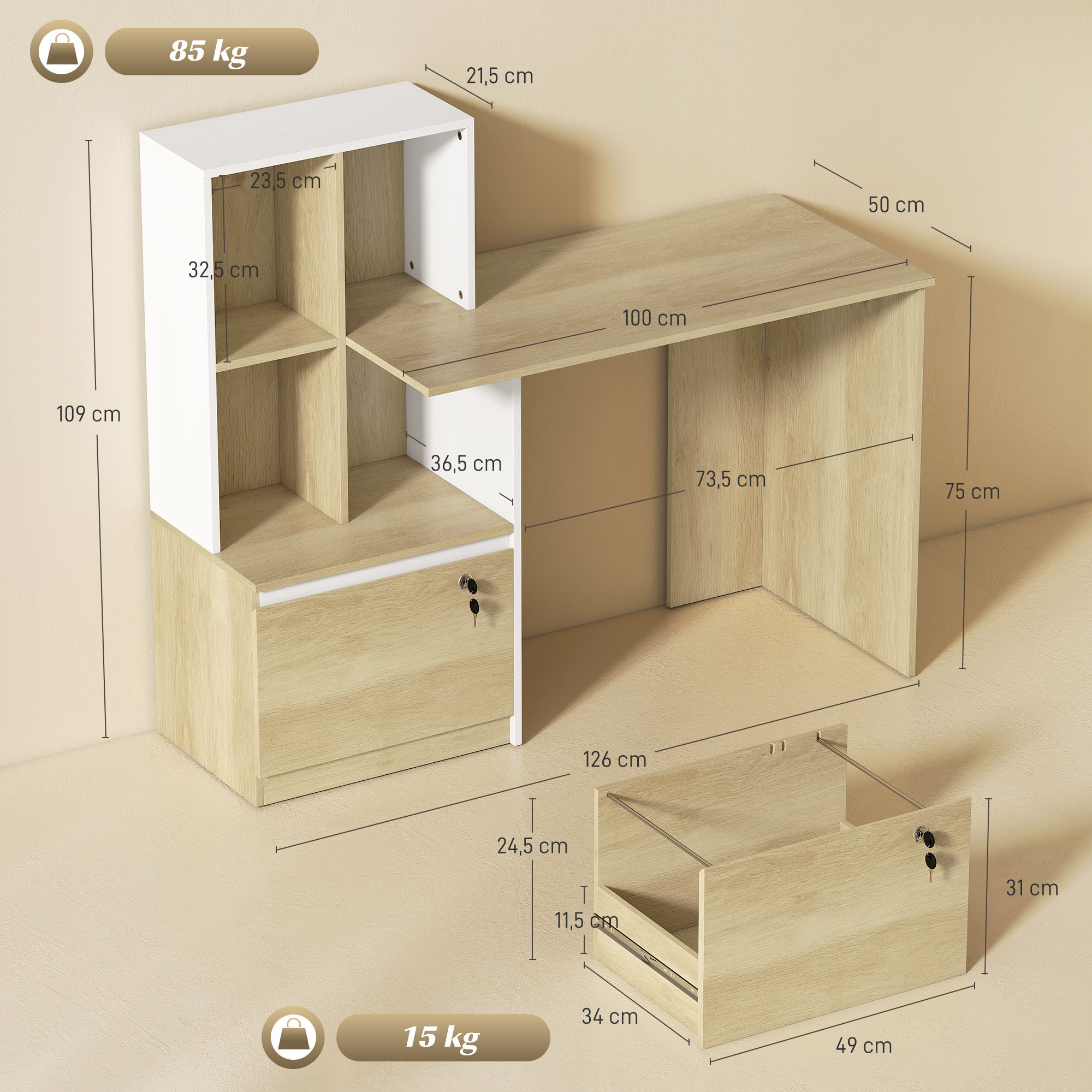 Escritorio, Mesa de Oficina con 4 Estantes y Cajón Archivador A4 con Cerradura y 2 Llaves, Mesa de Ordenador Moderna para Espacios Pequeños, Oficina en Casa, Roble