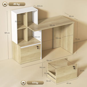Escritorio, Mesa de Oficina con 4 Estantes y Cajón Archivador A4 con Cerradura y 2 Llaves, Mesa de Ordenador Moderna para Espacios Pequeños, Oficina en Casa, Roble