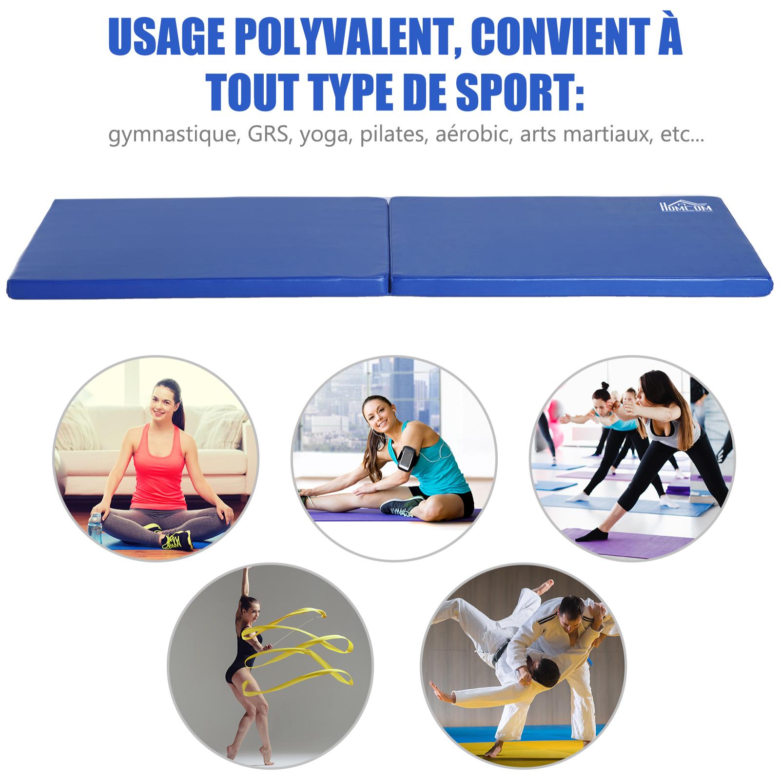 Tapis de gymnastique yoga pilates fitness pliable portable grand confort 180L x 60l x 5H cm revêtement synthétique bleu