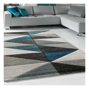 tapis salon Rone, gris noir et bleu motif triangle