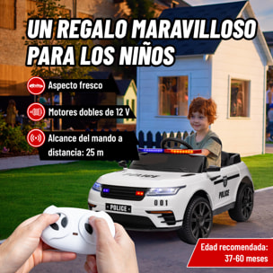 Coche Eléctrico para Niños de +3 Años Carro Eléctrico Infantil de Policía con Batería 12V Mando a Distancia Faros Bocina Sirena Música y Rueda de Entrenamiento Blanco