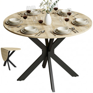 Mesa Plegable de Comedor, Mesa de Cocina Plegable Redonda, para 2-6 Personas, con Ala Abatible, Marco de Acero Doble X, para Salón, Espacio Pequeño, Ø110x76 cm, Natural