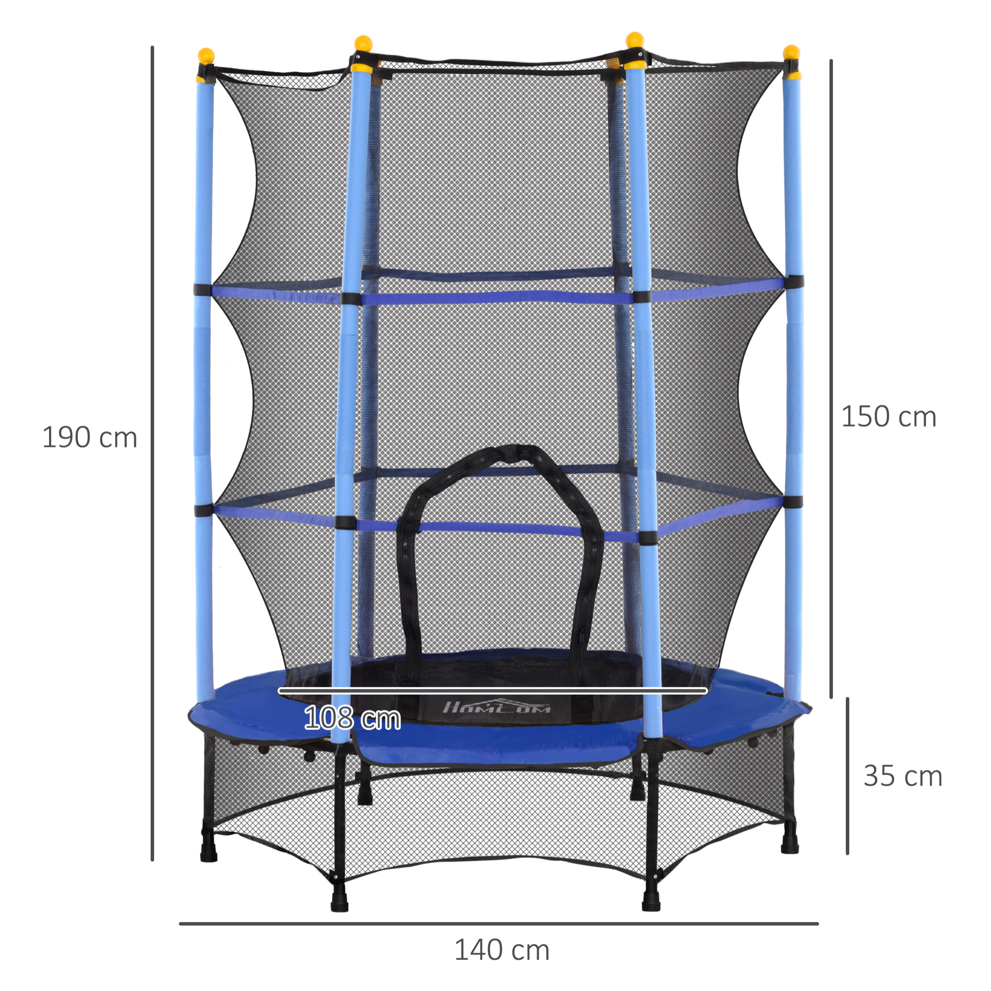 Cama Elástica Infantil Ø140x190 cm Trampolín para Niños de +3 Años con Red de Seguridad y Marco de Acero para Interior y Exterior