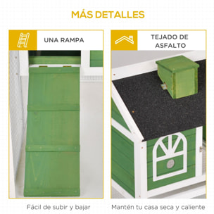 PawHut Conejera de Madera 120x60x79 cm Jaula para Conejos Grande con Techo Asfáltico Bandeja Extraíble Escalera y Chimenea para Exterior Verde