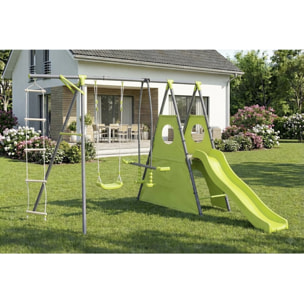 Portique de jeu métal avec toboggan "Dany"- 5 agrès - Vert