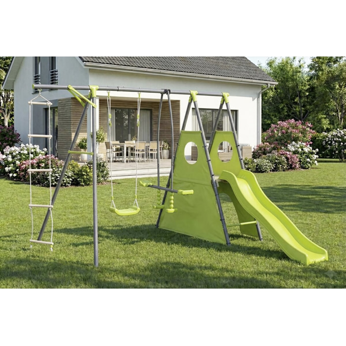 Portique de jeu métal avec toboggan "Dany"- 5 agrès - Vert