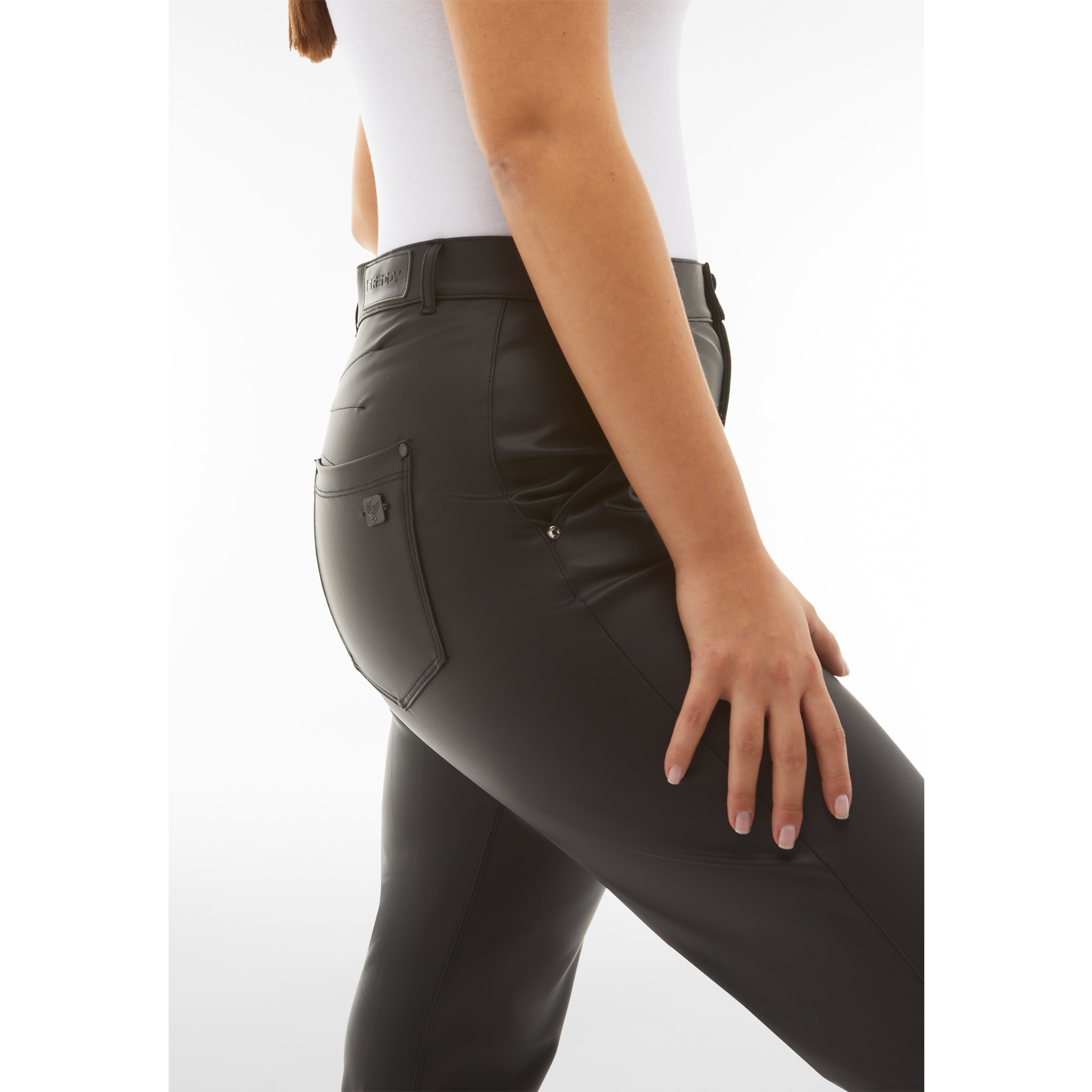 Pantaloni coated superskinny vita alta con tasche chino