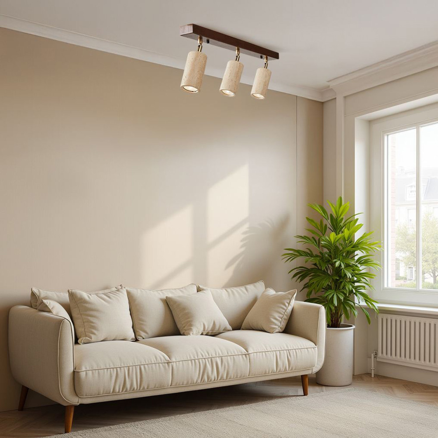 Luminaire design 3 spots orientables en travertin et effet bois TIVOLI
