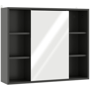 Miroir de salle de bain avec placard et étagères - 4 étagères latérales + 2 étagères intérieures - MDF panneaux particules noir