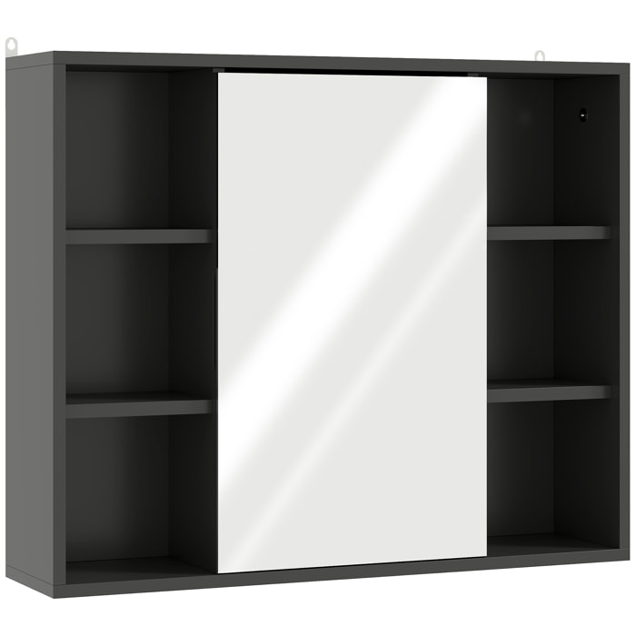 Miroir de salle de bain avec placard et étagères - 4 étagères latérales + 2 étagères intérieures - MDF panneaux particules noir