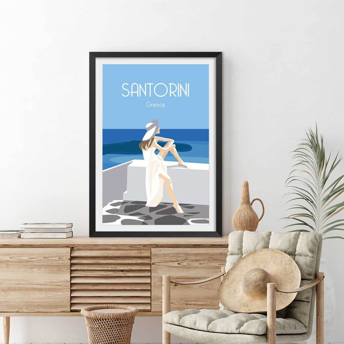 Affiche voyage le bleu de Santorin Affiche sous cadre noir