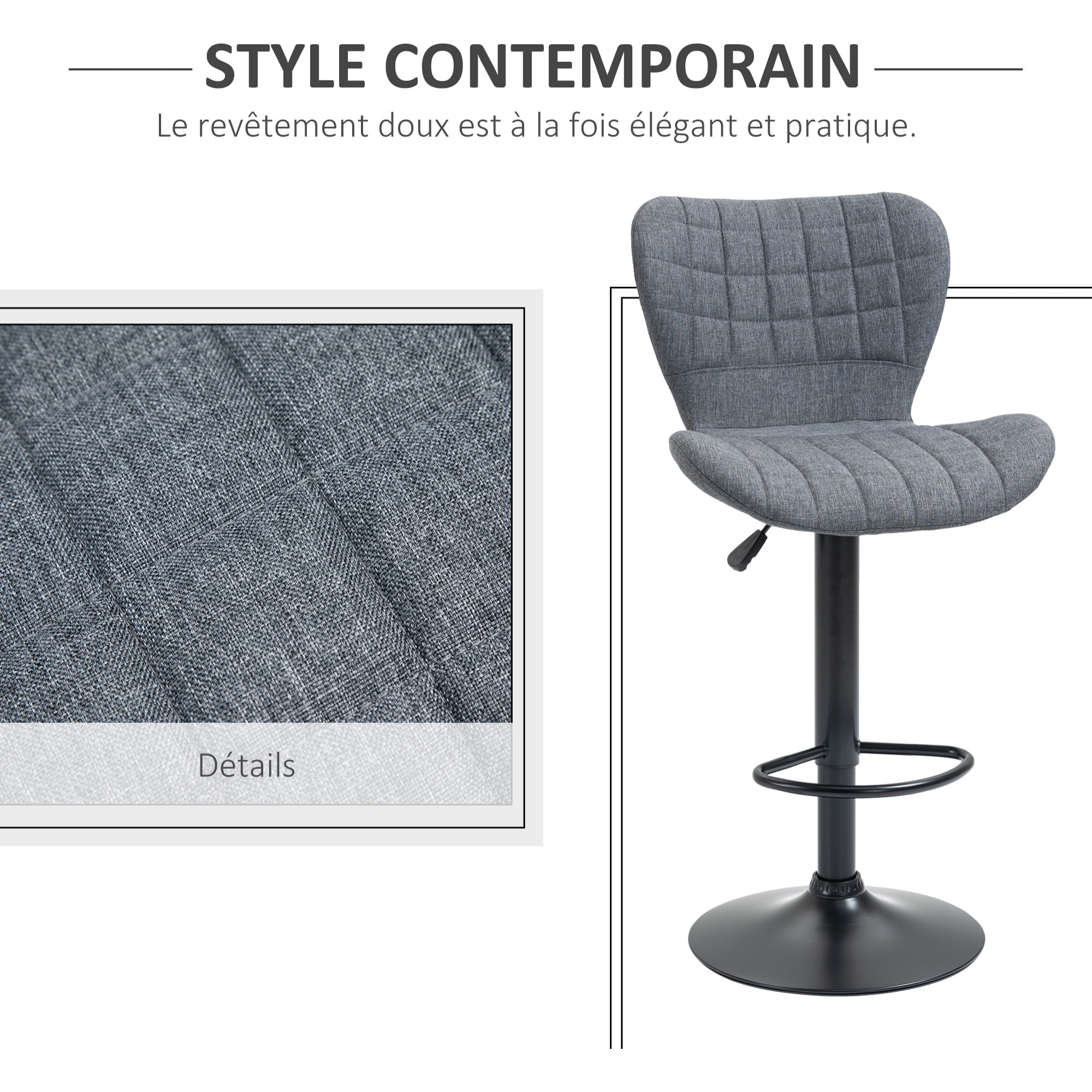 Lot de 2 tabourets de bar design dossier incurvé capitonné hauteur d'assise réglable 61-81 cm pivotant 360° repose-pied velours gris