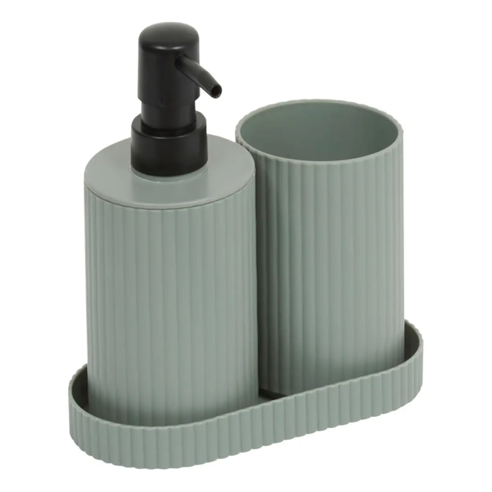 Lot distributeur de savon et gobelet strié vert