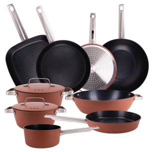 San Ignacio AGROS Batería de Cocina de 9 Pzs en Aluminio Forjado - Sartenes, Cacerolas con Tapa, Wok, Asador, Cazo y Tartera – Rendimiento y Diseño